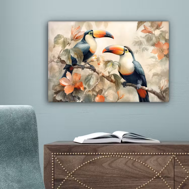 Toekan - Vogels - Bloemen - Tak canvas 2cm klein -sfeer4