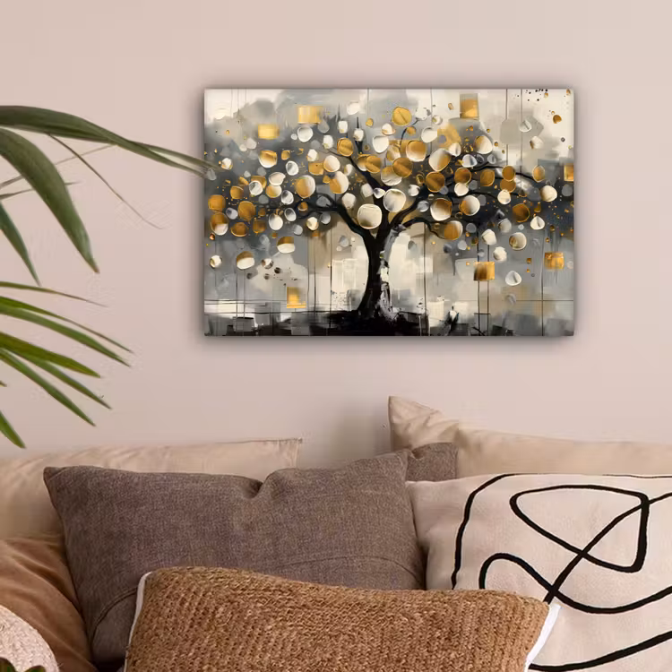 Boom - Abstract - Beige - Goud - Zwart canvas 2cm klein -sfeer1
