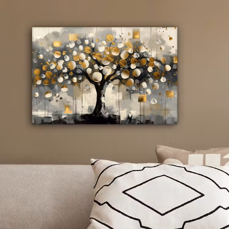 Boom - Abstract - Beige - Goud - Zwart canvas 2cm klein -sfeer3