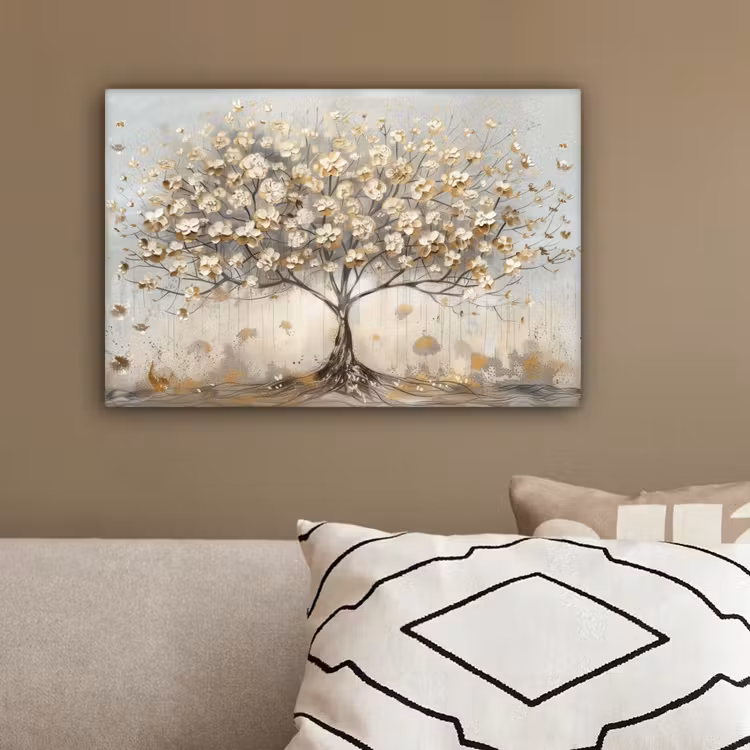 Boom - Beige - Goud - Verflook - Grijs canvas 2cm klein -sfeer3