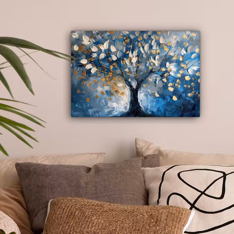 Boom - Blauw - Goud - Abstract canvas 2cm klein -sfeer1