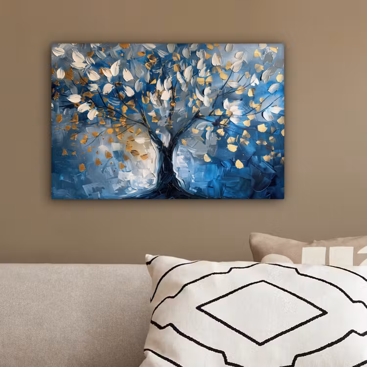 Boom - Blauw - Goud - Abstract canvas 2cm klein -sfeer3