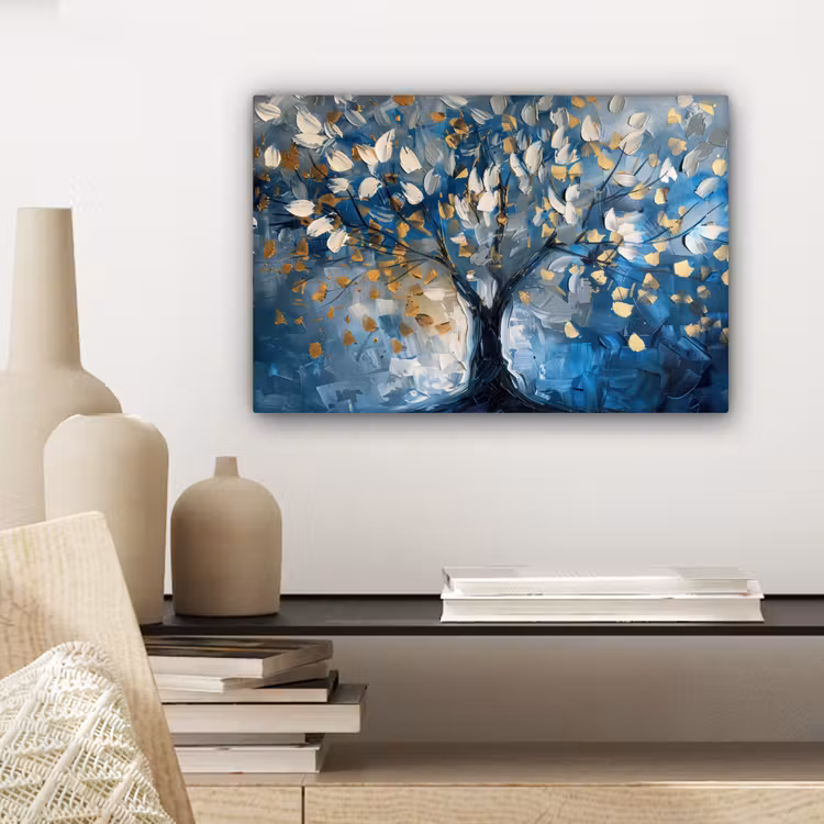 Boom - Blauw - Goud - Abstract canvas 2cm klein -sfeer6