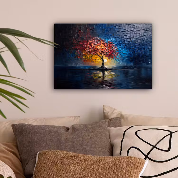 Boom - Blauw - Bladeren - Vakken canvas 2cm klein -sfeer1