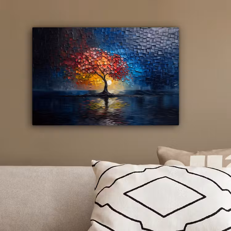 Boom - Blauw - Bladeren - Vakken canvas 2cm klein -sfeer3