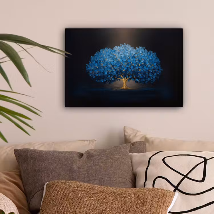 Boom - Blauw - Bladeren - Penseelstreken canvas 2cm klein -sfeer1