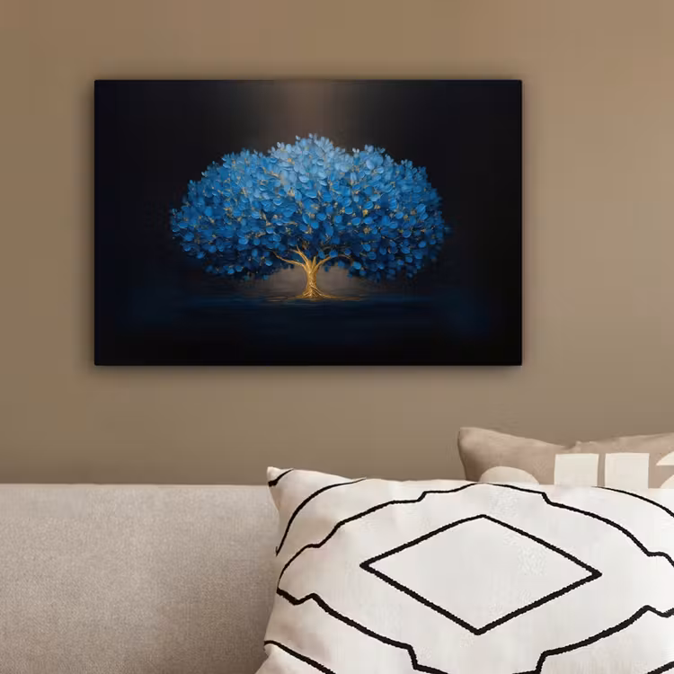 Boom - Blauw - Bladeren - Penseelstreken canvas 2cm klein -sfeer3