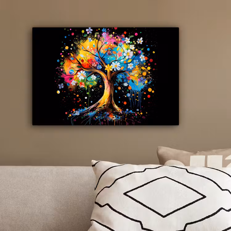 Boom - Kleurrijk - Bloemen - Zwart canvas 2cm klein -sfeer3