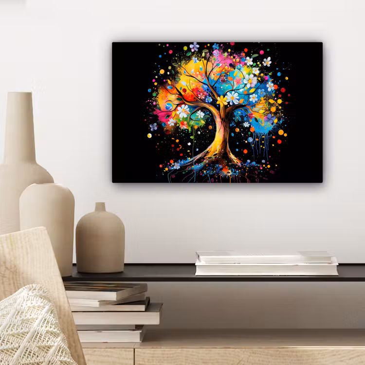 Boom - Kleurrijk - Bloemen - Zwart canvas 2cm klein -sfeer6