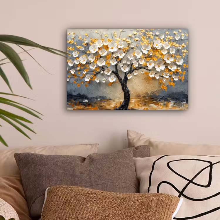 Boom - Bloemen - Goud - Beige canvas 2cm klein -sfeer1
