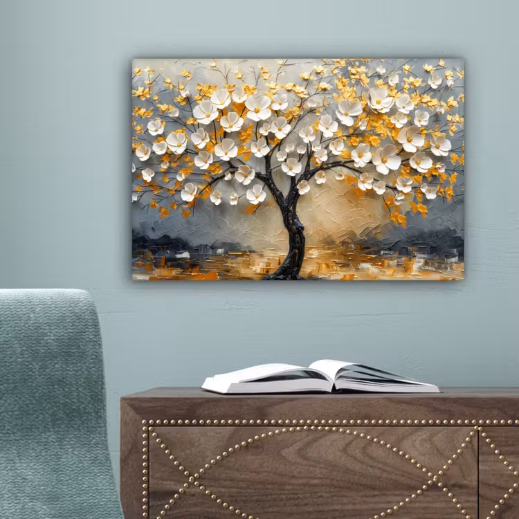 Boom - Bloemen - Goud - Beige canvas 2cm klein -sfeer4