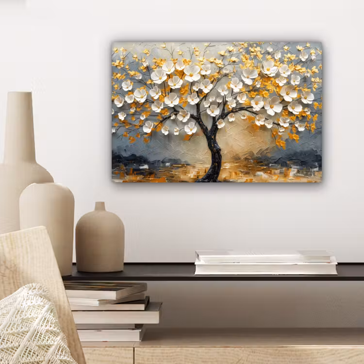 Boom - Bloemen - Goud - Beige canvas 2cm klein -sfeer6