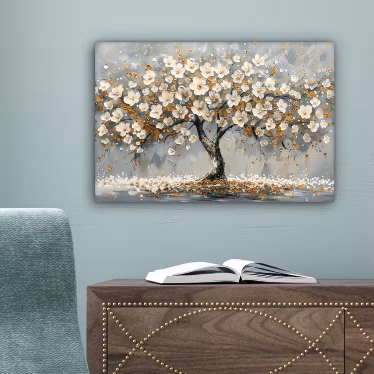 Boom - Bloemen - Wit - Natuur - Kunst canvas 2cm klein -sfeer4