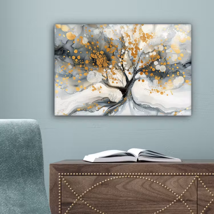Boom - Modern - Abstract - Goud - Zwart - Wit canvas 2cm klein -sfeer4