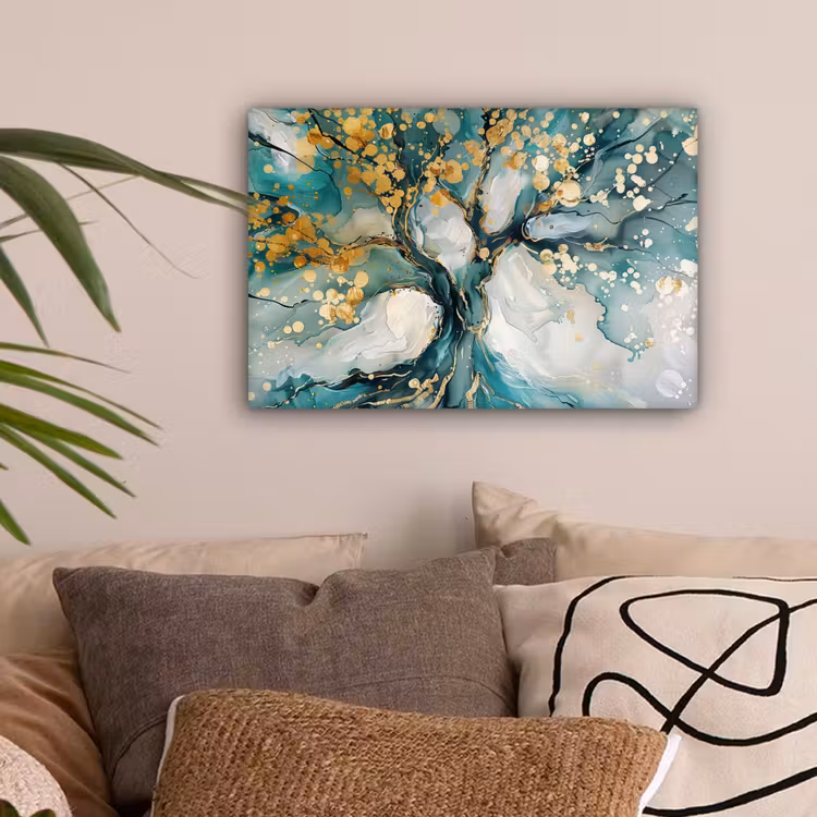 Boom - Modern - Verflook - Turquoise - Goud canvas 2cm klein -sfeer1