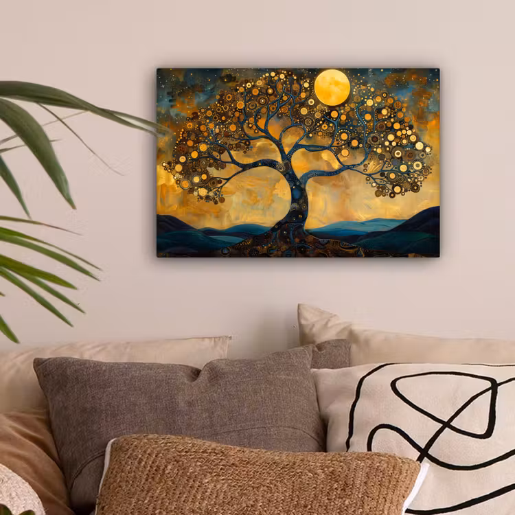 Boom - Maan - Bloemen - Goud - Kunst canvas 2cm klein -sfeer1