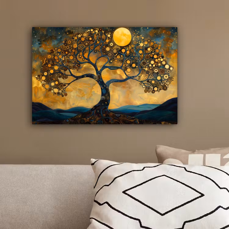 Boom - Maan - Bloemen - Goud - Kunst canvas 2cm klein -sfeer3