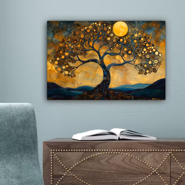 Boom - Maan - Bloemen - Goud - Kunst canvas 2cm klein -sfeer4