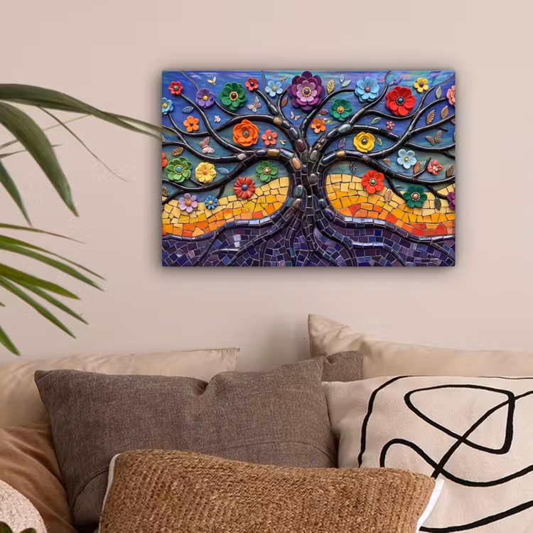 Levensboom - Mozaïek - Bloemen - Kleurrijk - Vrolijk canvas 2cm klein -sfeer1