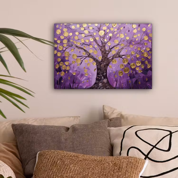 Levensboom - Boom - Paars - Goud - Modern canvas 2cm klein -sfeer1