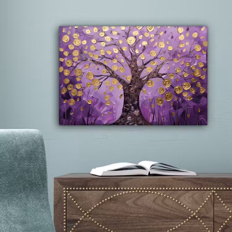 Levensboom - Boom - Paars - Goud - Modern canvas 2cm klein -sfeer4