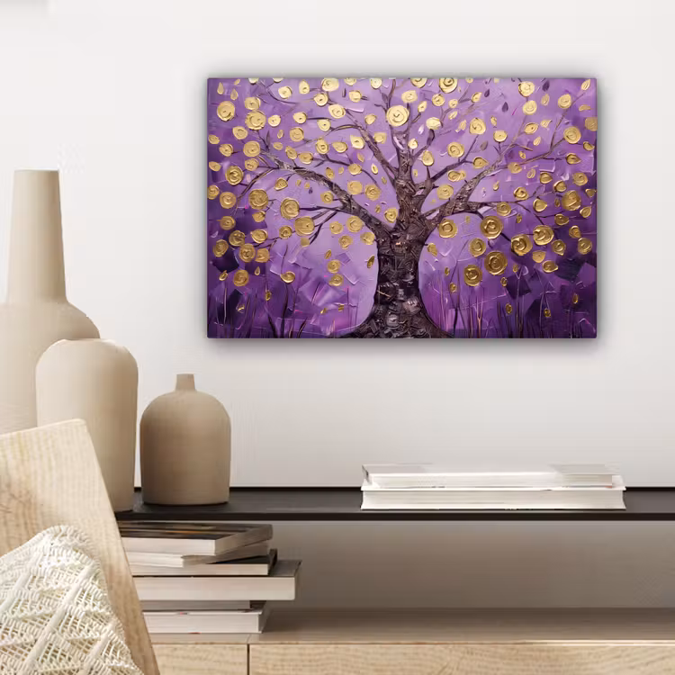 Levensboom - Boom - Paars - Goud - Modern canvas 2cm klein -sfeer6