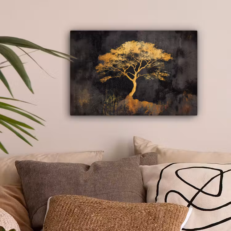 Boom - Schilderij - Goud - Abstract canvas 2cm klein -sfeer1