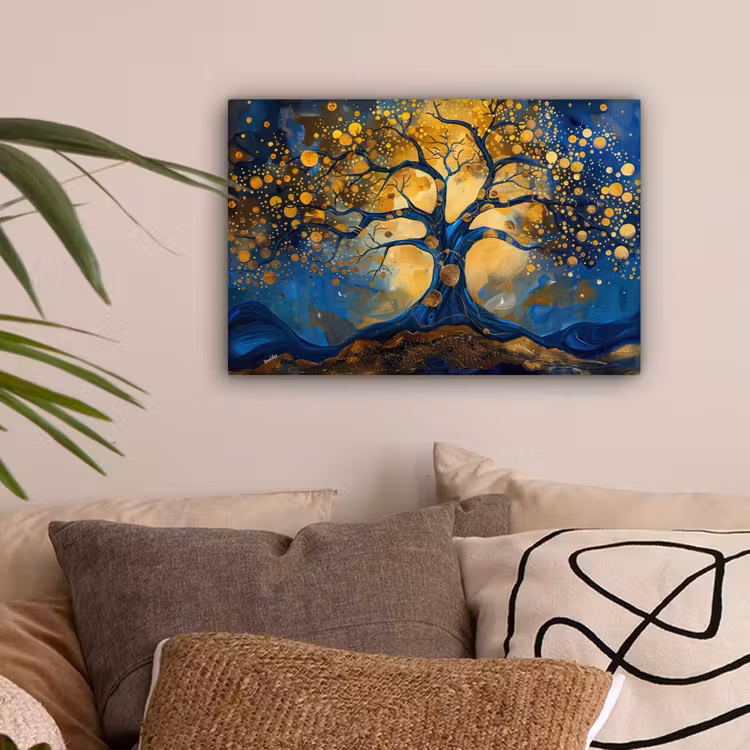 Boom - Levensboom - Blauw - Goud canvas 2cm klein -sfeer1