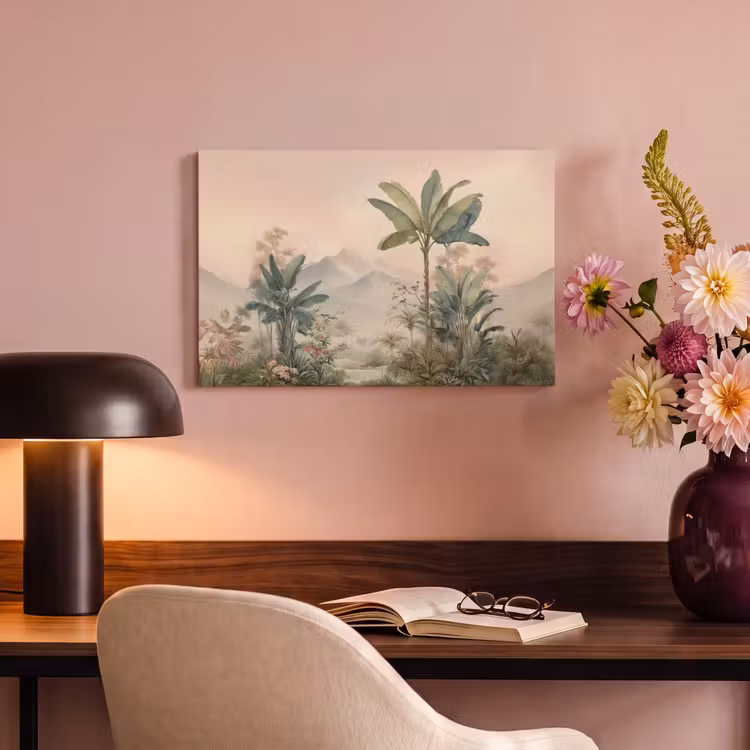 Tropisch landschap - palmbomen - Bloemen - Roze lucht canvas 2cm klein -sfeer4