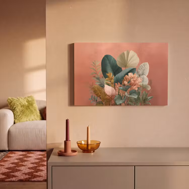 Tropische bladeren - Bloemen - Roze - groen canvas 2cm klein -sfeer1