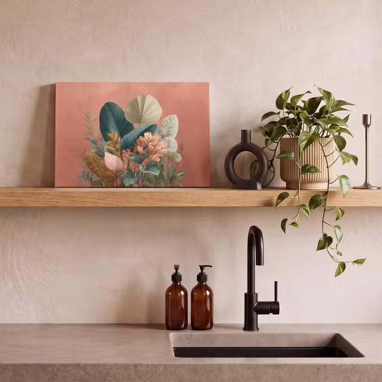 Tropische bladeren - Bloemen - Roze - groen canvas 2cm klein -sfeer3