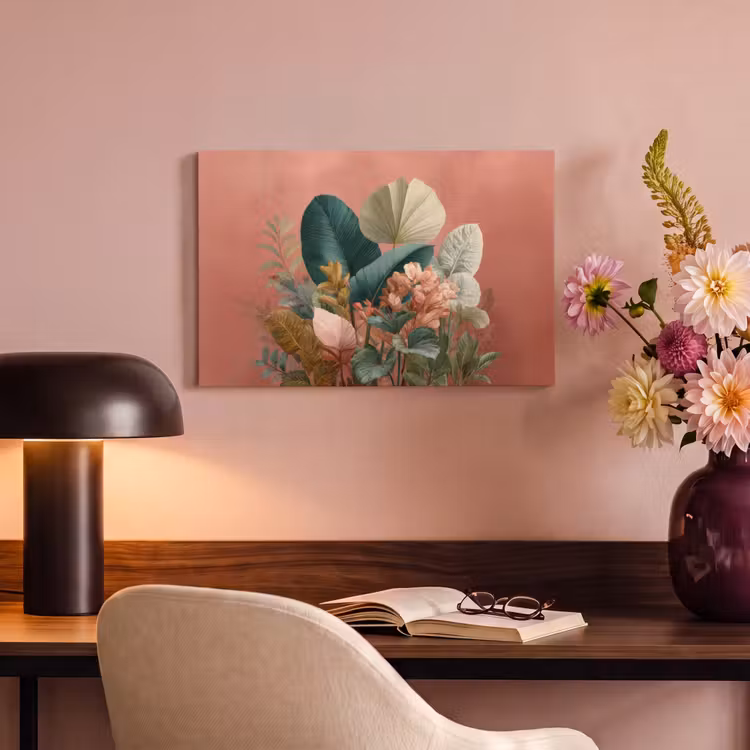 Tropische bladeren - Bloemen - Roze - groen canvas 2cm klein -sfeer4