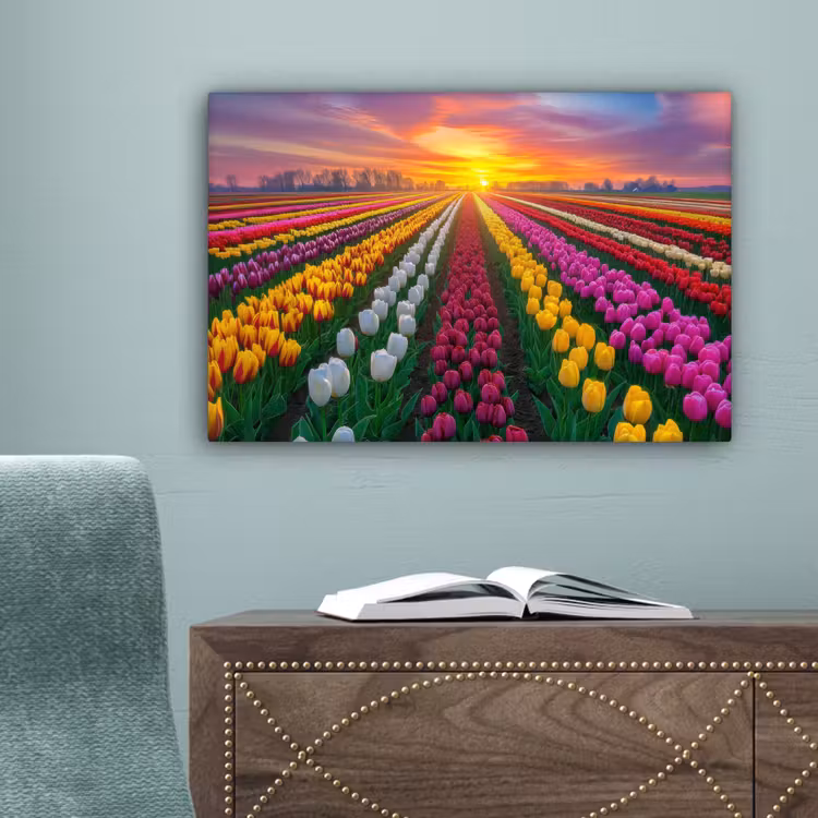 Tulpenveld - Zonsondergang - Kleurrijk canvas 2cm klein -sfeer4