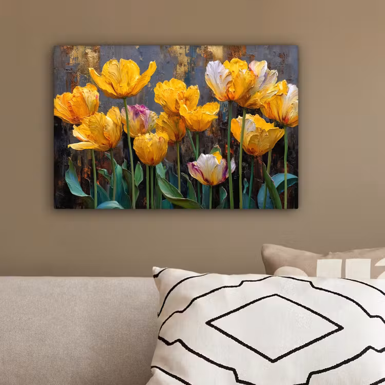 Tulpen - Geel - Penseelstreken - Abstract canvas 2cm klein -sfeer3