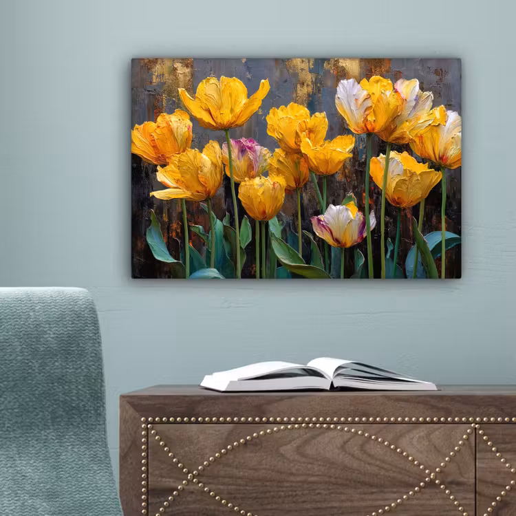 Tulpen - Geel - Penseelstreken - Abstract canvas 2cm klein -sfeer4