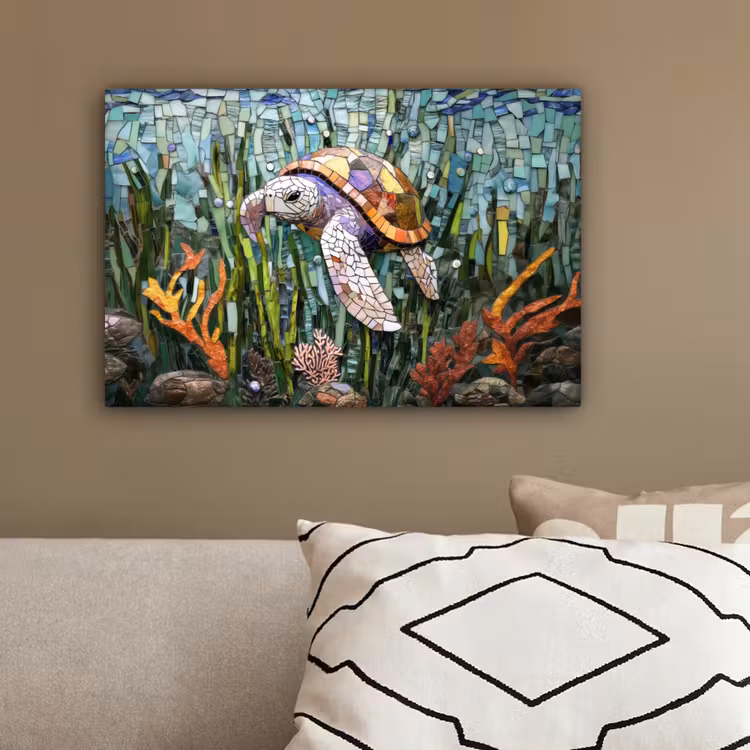 Schildpad - Zeewier - Mozaïek canvas 2cm klein -sfeer3