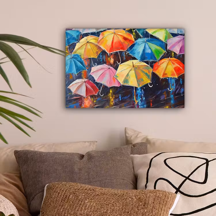 Paraplu's - Schilderij - Kunst - Regenboog canvas 2cm klein -sfeer1