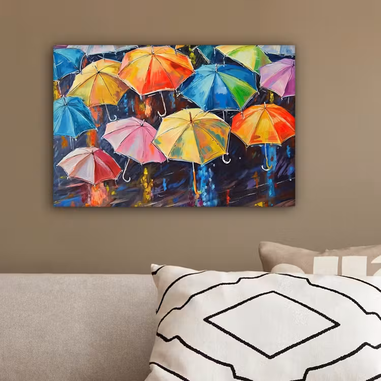 Paraplu's - Schilderij - Kunst - Regenboog canvas 2cm klein -sfeer3