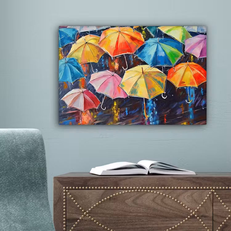 Paraplu's - Schilderij - Kunst - Regenboog canvas 2cm klein -sfeer4
