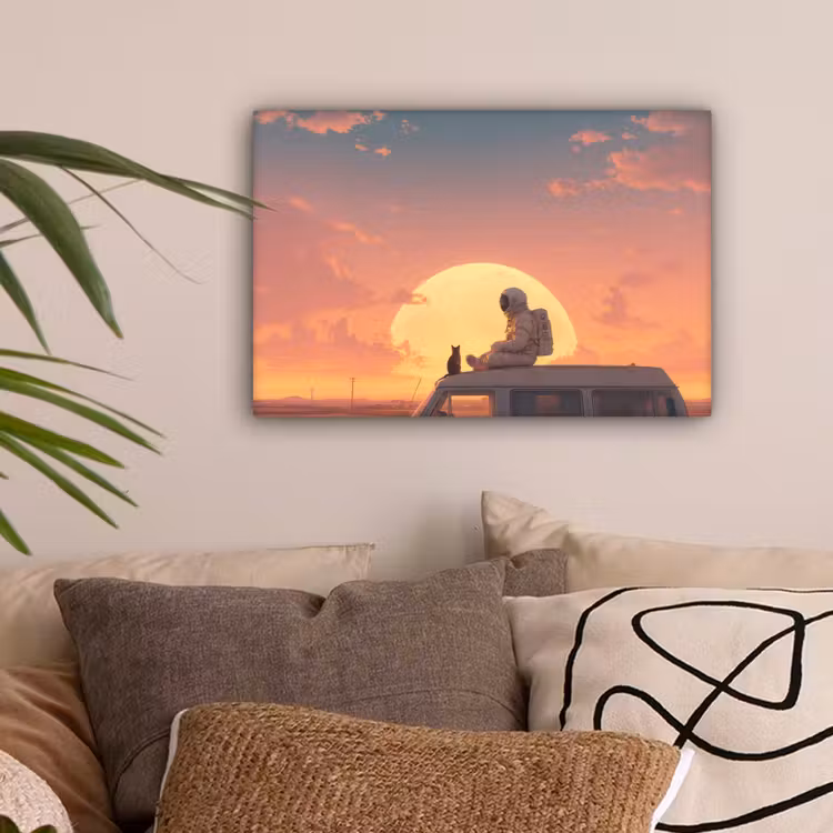 Busje - Kat - Zonsondergang - Oranje canvas 2cm klein -sfeer1