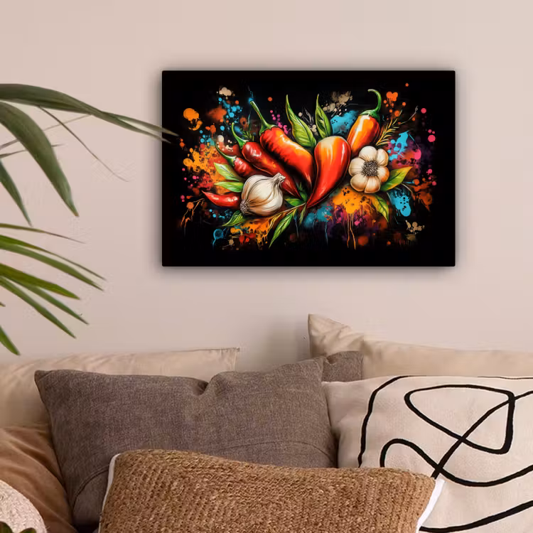 Groente - Peper - Knoflook - Graffiti - Verf - Kleurrijk canvas 2cm klein -sfeer1