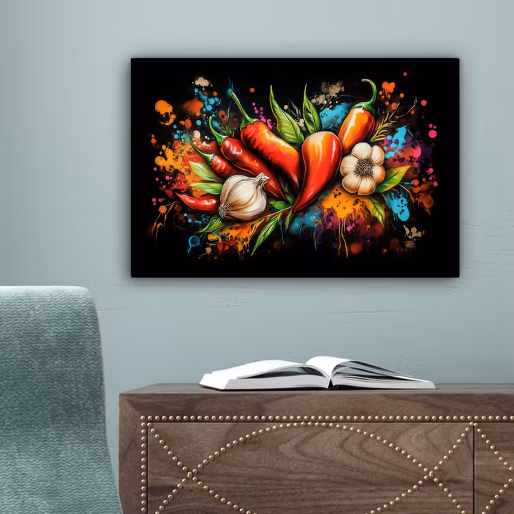 Groente - Peper - Knoflook - Graffiti - Verf - Kleurrijk canvas 2cm klein -sfeer4