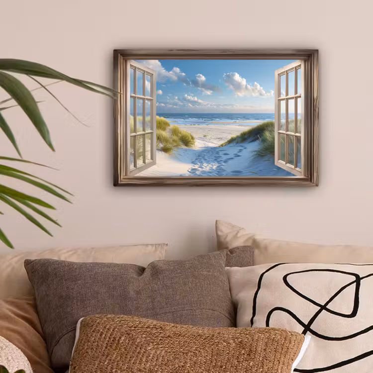 Doorkijk - Strand - Raam - Duinen - Zee canvas 2cm klein -sfeer1