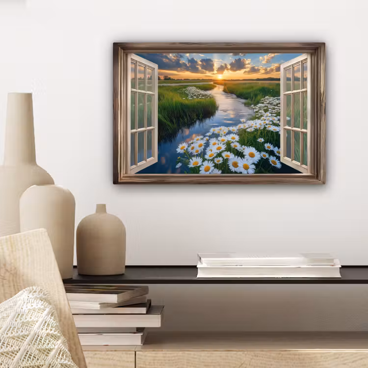 Doorkijk - Landschap - Raam - Water - Zonsondergang canvas 2cm klein -sfeer6
