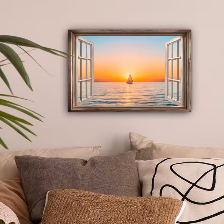 Doorkijk - Zee - Boot - Zonsondergang canvas 2cm klein -sfeer1
