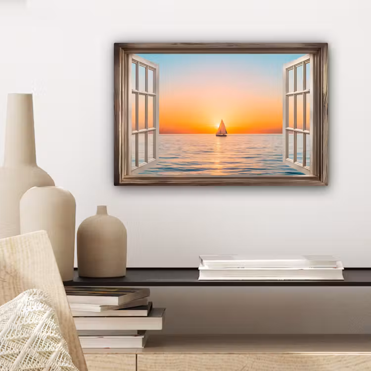 Doorkijk - Zee - Boot - Zonsondergang canvas 2cm klein -sfeer6