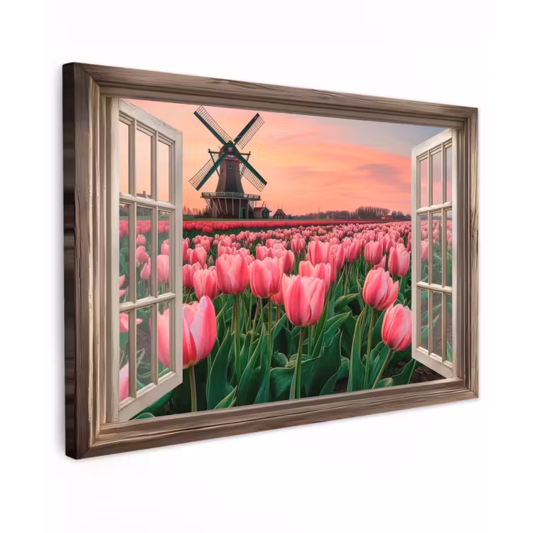 Doorkijk - Tulpen - Bloemen - Molen - Raam canvas 2cm klein -z3d