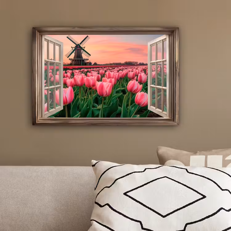 Doorkijk - Tulpen - Bloemen - Molen - Raam canvas 2cm klein -sfeer3