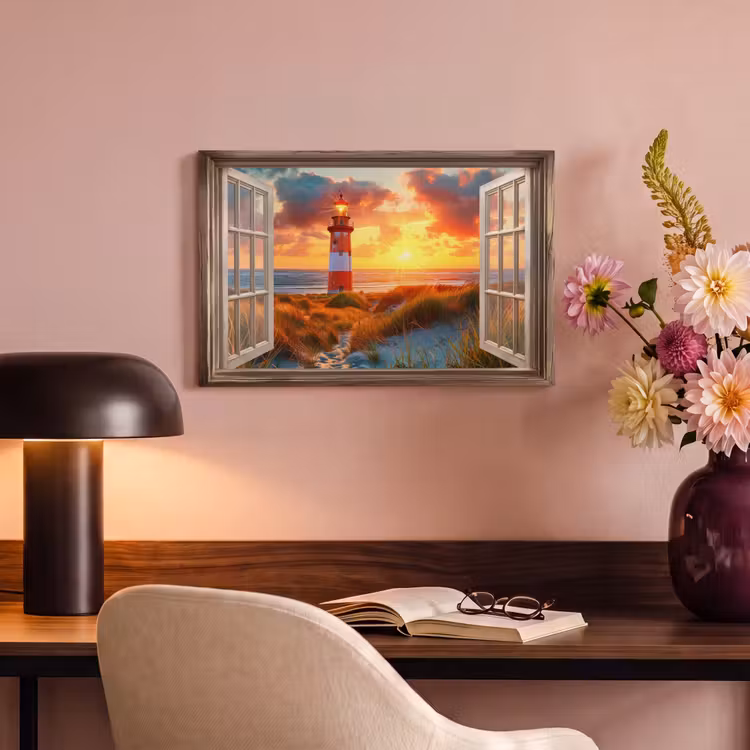Doorkijk - Raam - Vuurtoren - Zonsondergang - Strand canvas 2cm klein -sfeer4