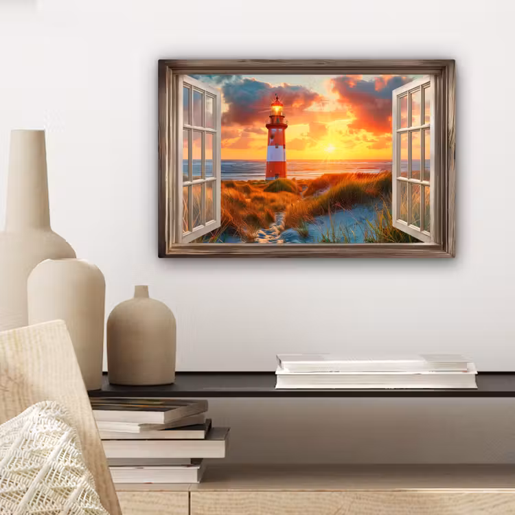 Doorkijk - Raam - Vuurtoren - Zonsondergang - Strand canvas 2cm klein -sfeer6